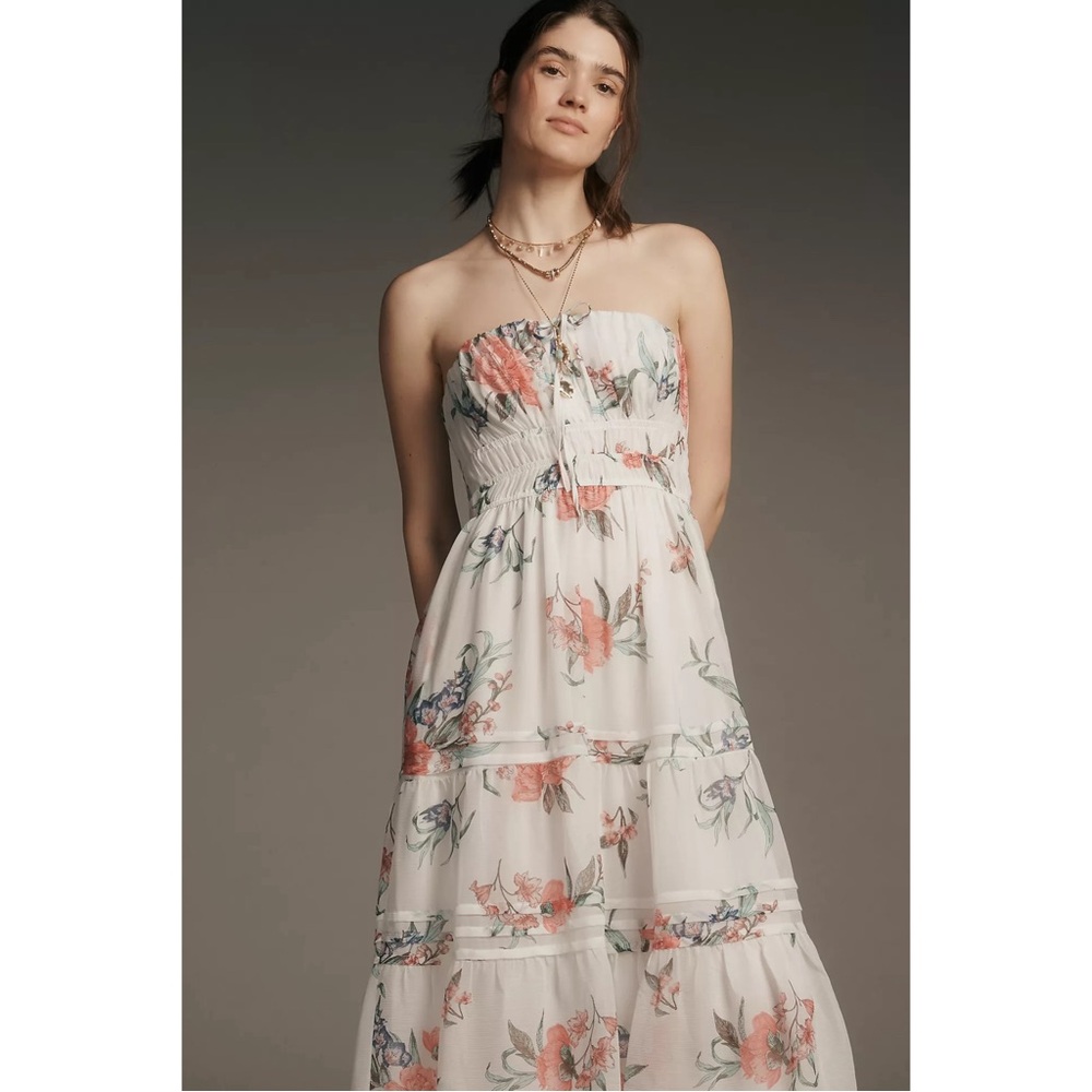 Anthropologie Somerset Strapless Chiffon Midi Dress Ivory Floral Size Large NWT - Picture 5 of 10